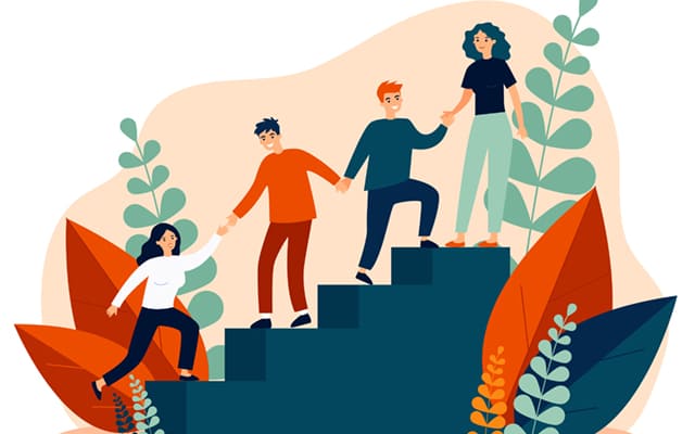 助け合う4人のイラスト